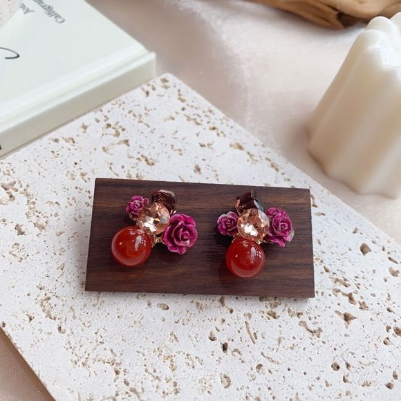 Handmade Burgundy Rose Flower Earring Studs - Picture 1 of 6